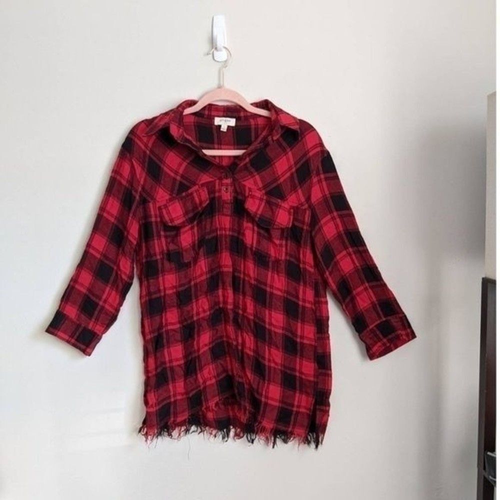 Umgee | Buffalo Plaid Frayed Hem Button Down Tunic Size Small